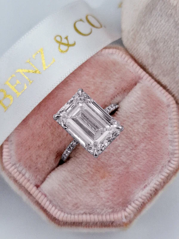 Ladies engagement rings unique styles-8.15 Carats Lab Grown Emerald Cut Micropaved Side Stones Hidden Halo Diamond Engagement Ring