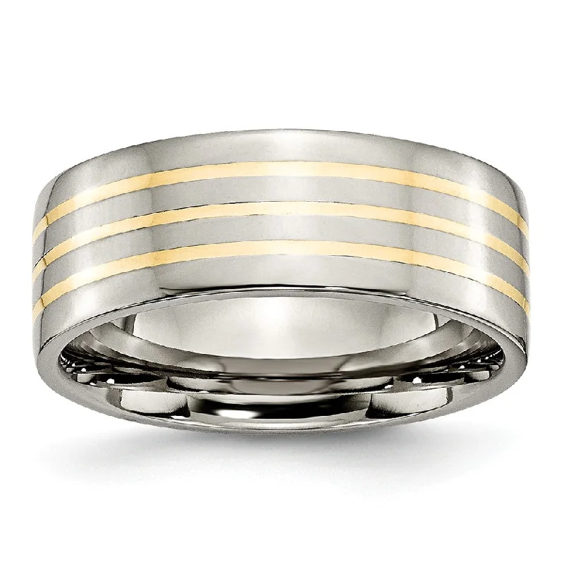 Ladies ring age suitability-Titanium and 14K Gold, 8mm Flat Unisex Comfort Fit Band