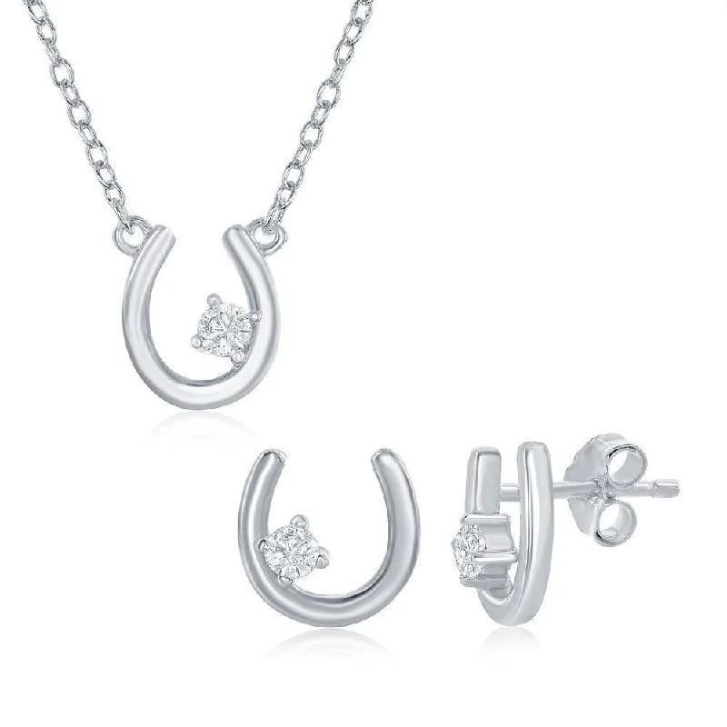 Ladies necklaces sentimental value-Sterling Silver Horseshoe with Single CZ Necklace & Earrings Set