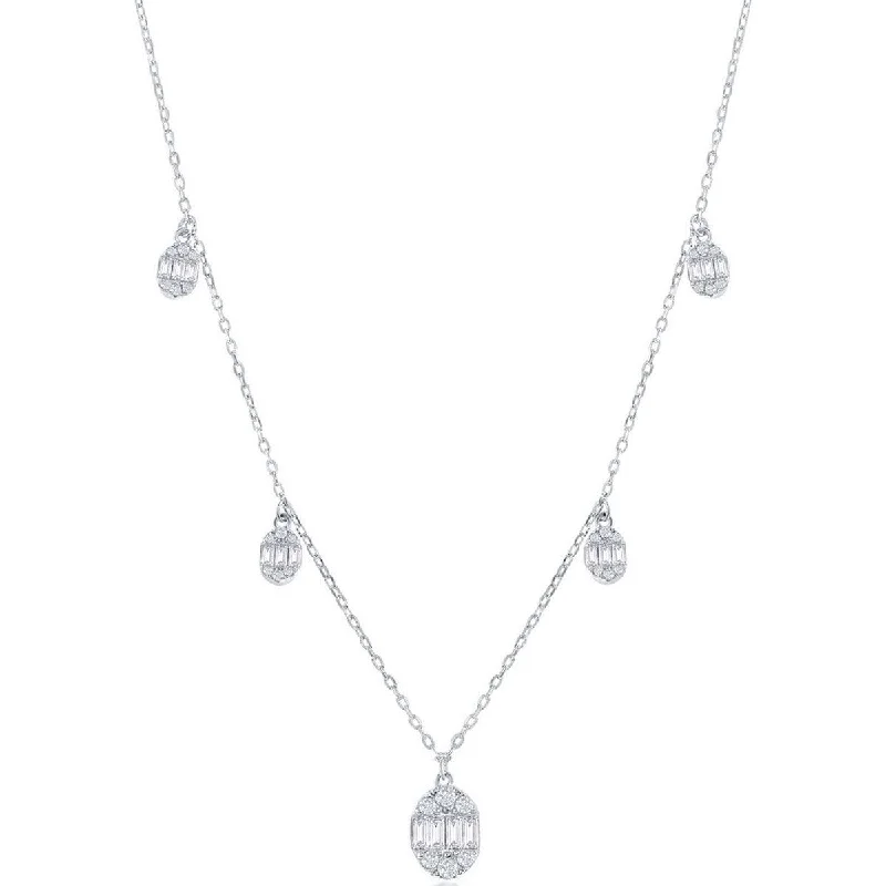 Ladies necklaces fashion ideas-Classic Women's Necklace - Sterling Silver Baguette CZ Oval Charms | M-6925