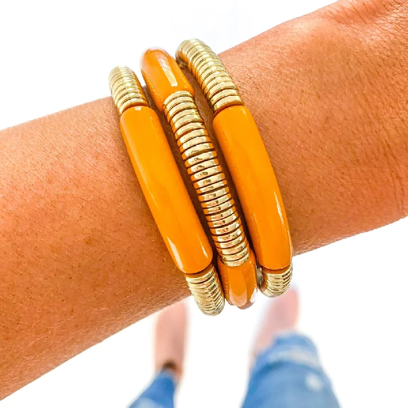 Ladies bracelets titanium options-Acrylic Tube Bamboo Bracelet Multi Gold Disc Summer Yellow