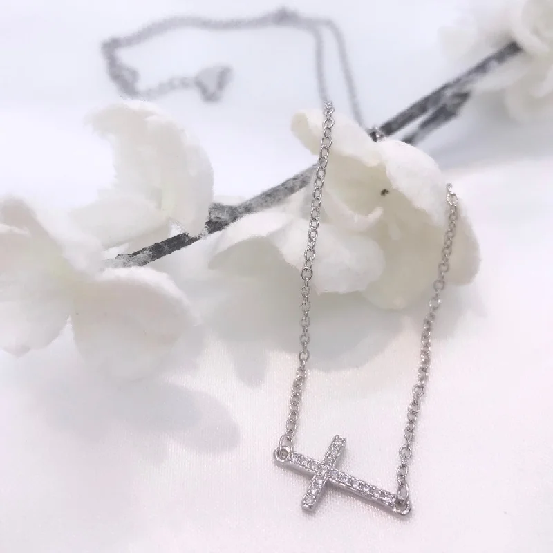 925 Sterling Silver Sideways CZ Cross Necklace