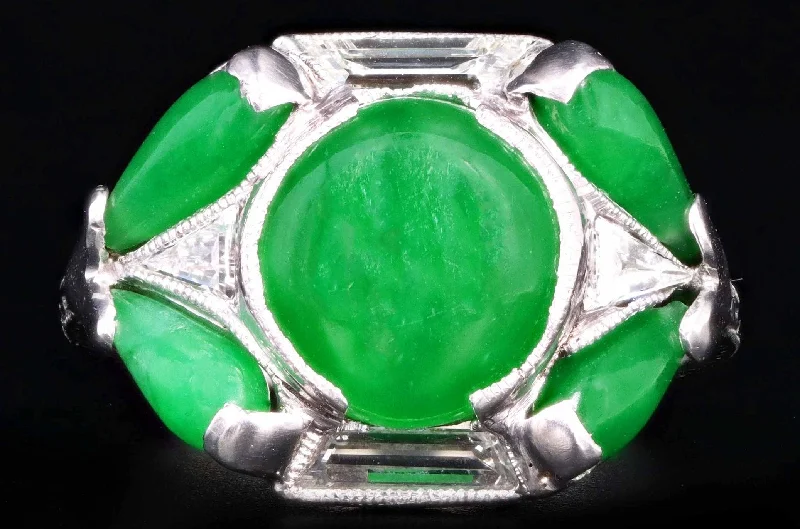 Ladies ring e-commerce sites-Art Deco Marsh & Co Platinum "A" Jade & Diamond Ring