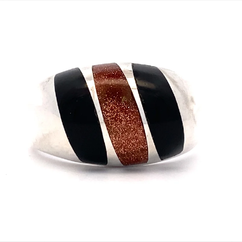 Ladies ring lightweight-Estate  Onyx And Sunstone Simulant Ring in Silver