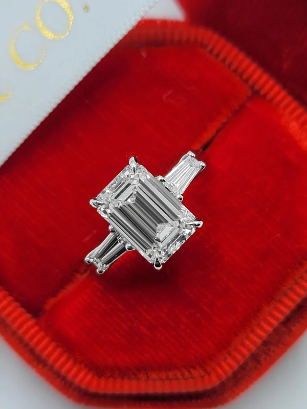 Ladies engagement rings romantic gifts-3.39 Carats Lab Grown Emerald Cut with Baguettes Three Stone Diamond Engagement Ring