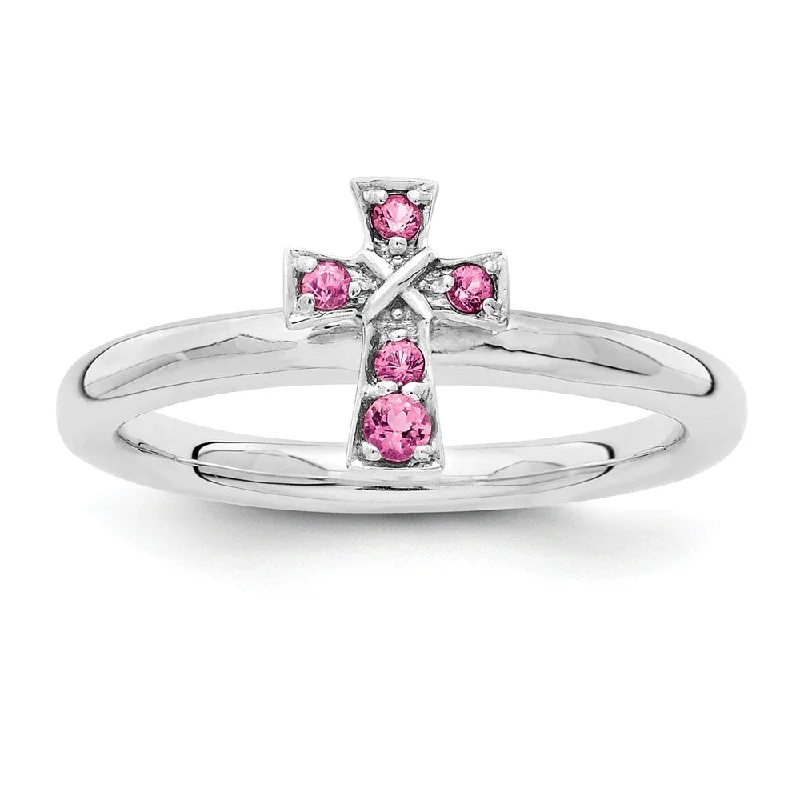 Ladies ring 925 silver-Rhodium Sterling Silver Stackable Pink Tourmaline 9mm Cross Ring