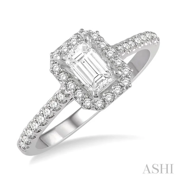 Ladies engagement rings care tips-3/8 Ctw Octagon Shape Engagement Ring with 1/4 Ct Emerald Cut Center Stone in 14K White Gold