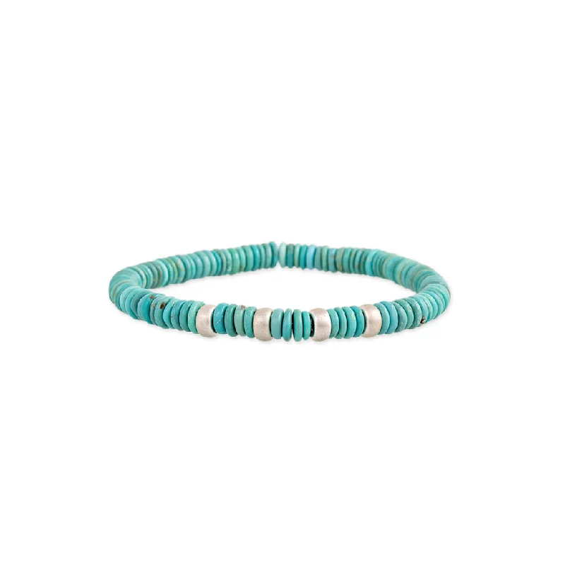 Ladies bracelets diamond accents-4 SPACED OUT STERLING SILVER BEADS + TURQUOISE BEADED STRETCH BRACELET