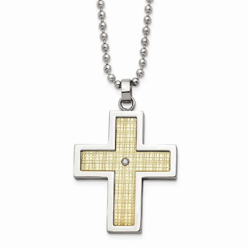 Ladies necklaces youthful charm-Stainless Steel w/18k Polished Textured Diamond Cross Necklace