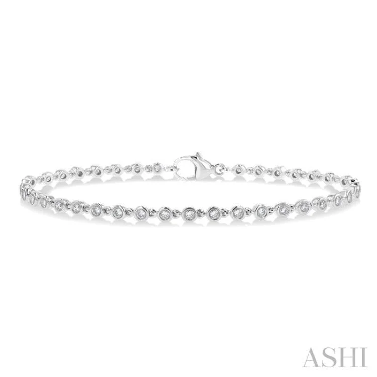 Ladies bracelets cute styles-1 ctw Bezel Set Round Cut Diamond Tennis Bracelet in 14K White Gold