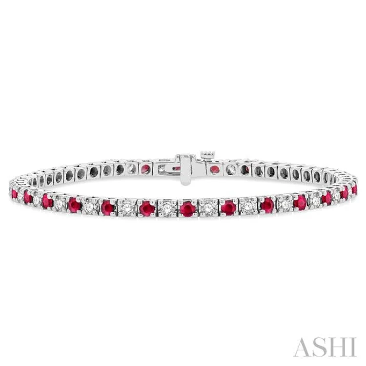 Ladies bracelets collectible items-1 1/2 ctw Square Box Link 2.5MM Ruby and Round Cut Diamond Precious Tennis Bracelet in 14K White Gold