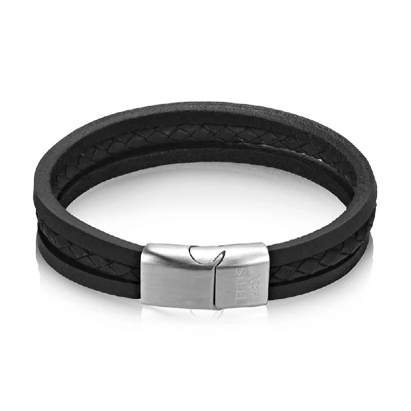 Ladies bracelets trending styles-A.R.Z Men's Triple Strand Black Leather 8.5  Bracelet