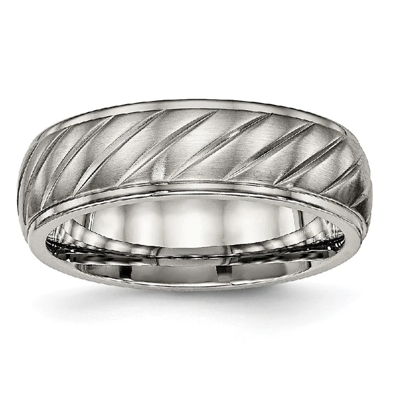 Ladies ring elegant charm-7mm Titanium Brushed Diagonal Grooved Ridged Edge Standard Fit Band