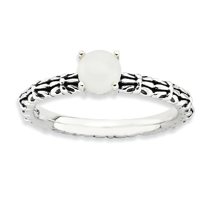 Ladies ring jade pairing-Antiqued SS Stackable White Agate Ring