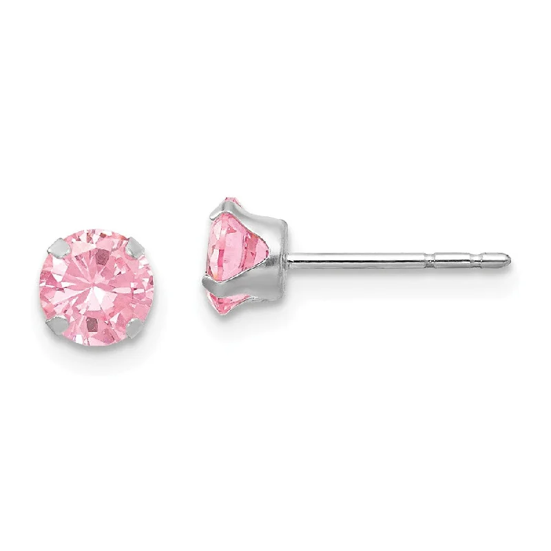 Ladies earrings geometric shapes-5mm Pink Cubic Zirconia Stud Earrings in 14k White Gold