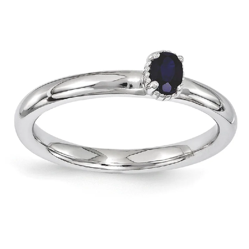 Ladies ring famous brands-Sterling Silver Stackable Created Sapphire Oval Single Stone Ring