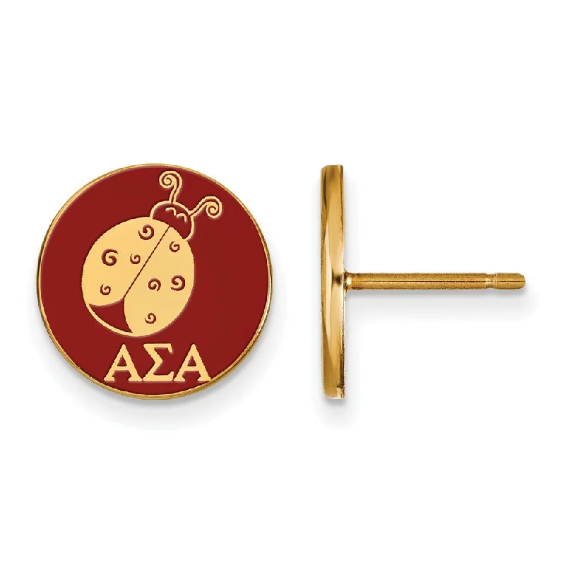 Ladies earrings creative designs-14K Plated Silver Alpha Sigma Alpha Enamel Ladybug Disc Post Earrings