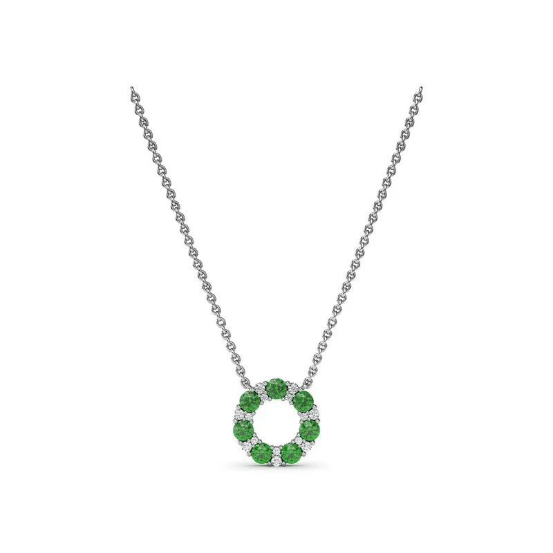 Ladies necklaces star charms-Shared Prong Emerald and Diamond Circle Necklace N1868E