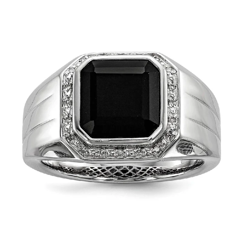 Ladies ring pure silver-Diamond & Black Onyx Octagon 16mm Tapered Ring in Sterling Silver