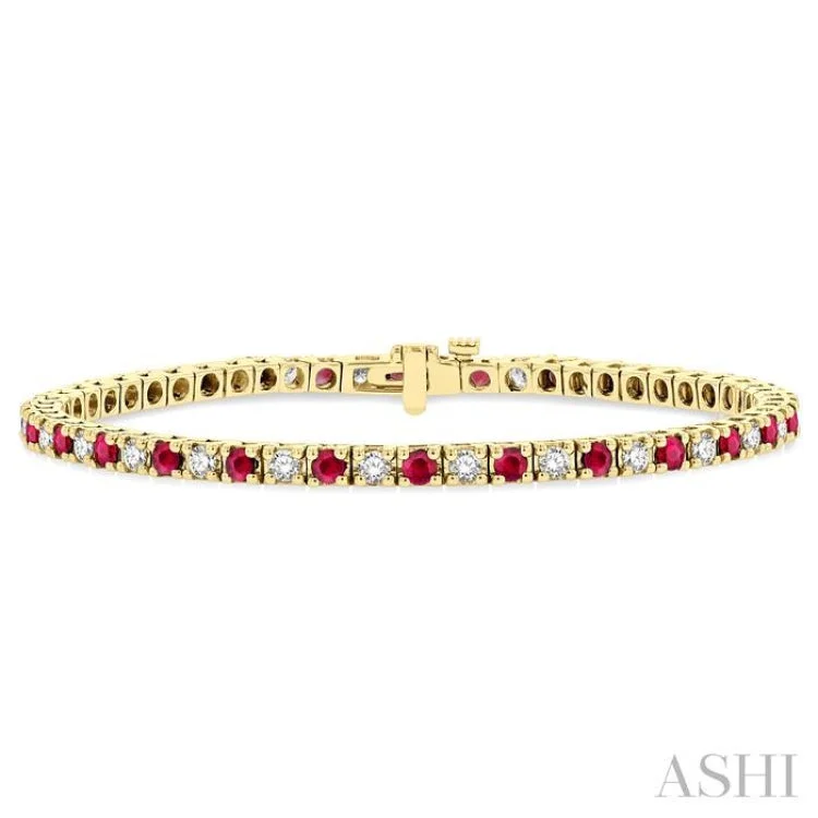 Ladies bracelets lavish designs-1 1/2 ctw Square Box Link 2.5MM Ruby and Round Cut Diamond Precious Tennis Bracelet in 14K Yellow Gold