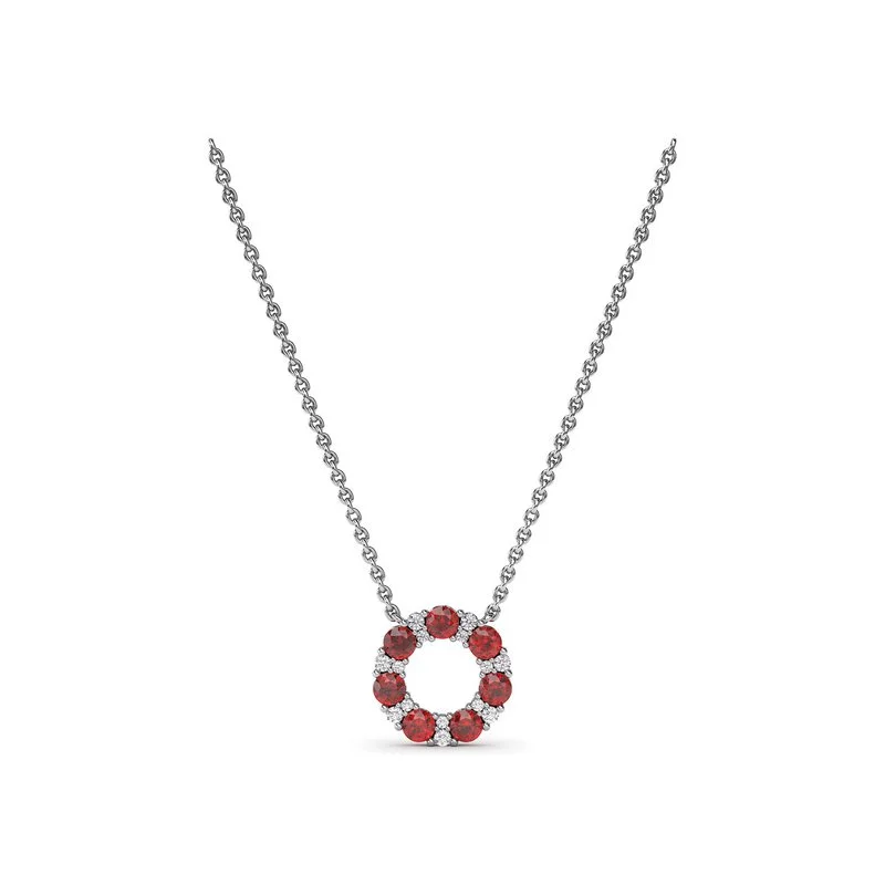 Ladies necklaces geometric patterns-Shared Prong Ruby and Diamond Circle Necklace N1868R