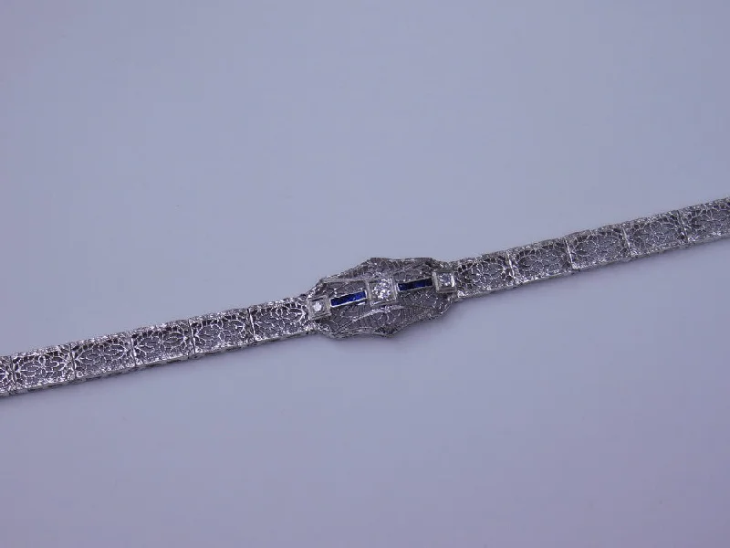 Ladies bracelets synthetic gems-14K ART DECO DIAMOND AND BLUE STONE BRACELET