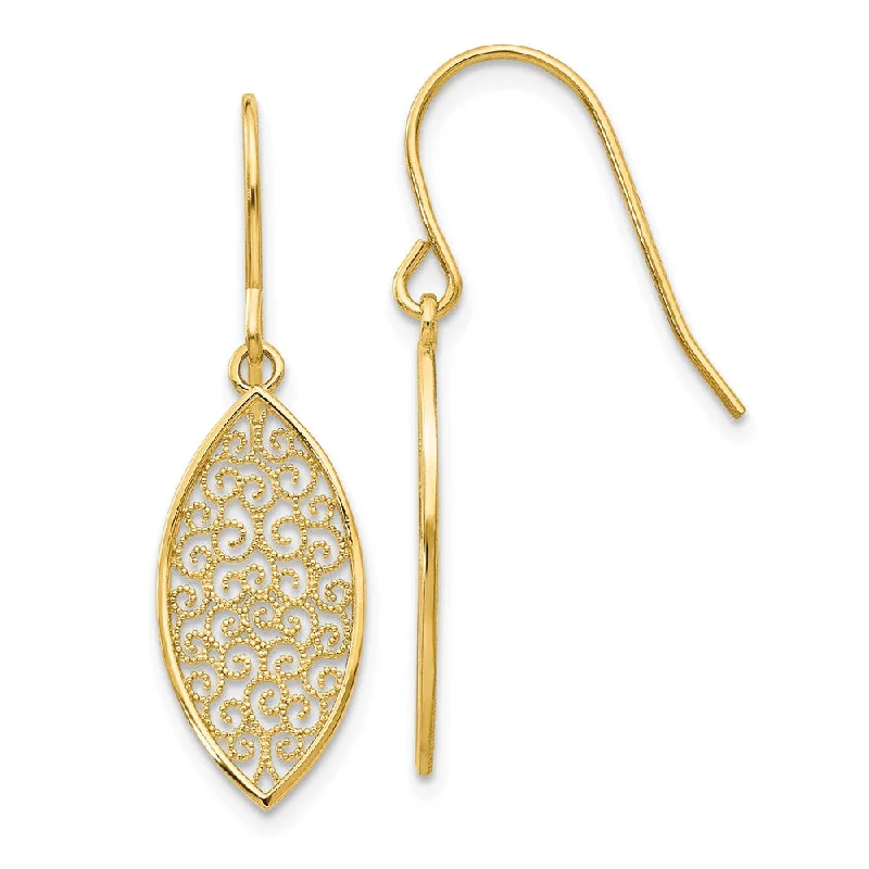 Ladies earrings online shopping-Marquise Filigree Dangle Earrings in 14k Yellow Gold