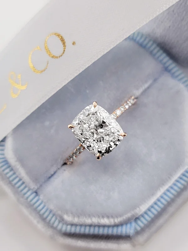 Ladies engagement rings affordable finds-3.56 Carats Lab Grown Elongated Cushion Cut Micropaved Side Stones Hidden Halo Diamond Engagement Ring