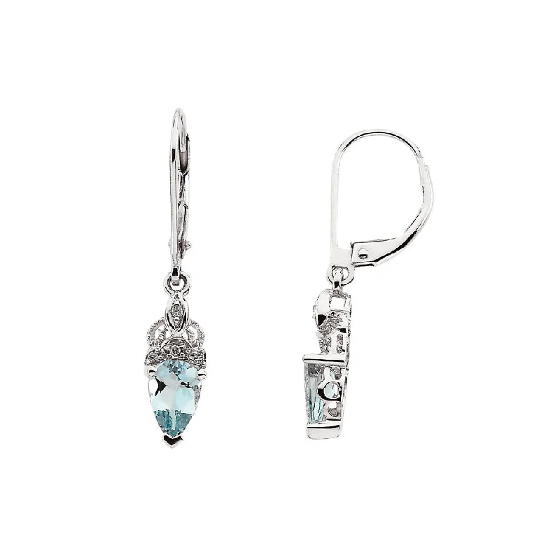 Ladies earrings synthetic stones-Aquamarine and Diamond Lever Back Earrings in 14k White Gold