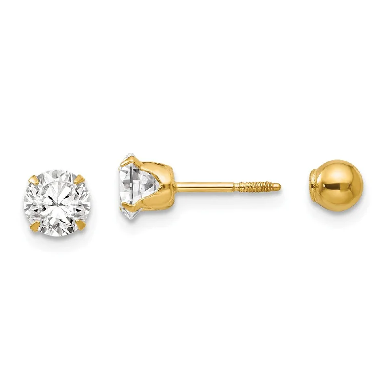 Ladies earrings bridal jewelry-Reversible 5mm Crystal and Ball Screw Back Earrings in 14k Yellow Gold