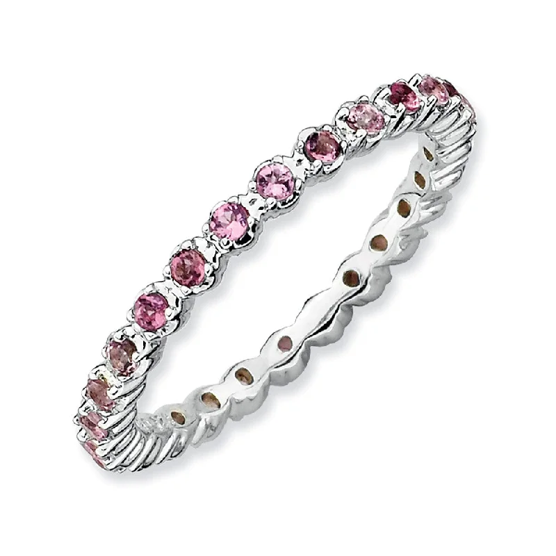 Ladies ring synthetic gems-2.25mm Silver Stackable Pink Tourmaline Band