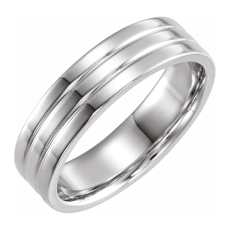 Ladies ring minimalist design-6mm 10K White Gold Polished Ridged Comfort Fit Band