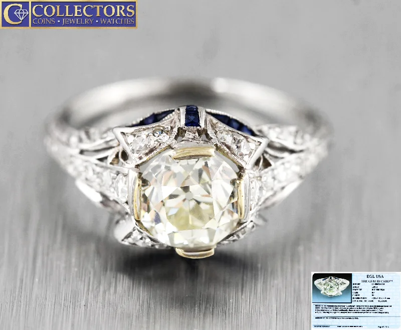 Ladies engagement rings elegant classics-Ladies Antique Art Deco Platinum 2.12ctw Diamond Sapphire Engagement Ring EGL