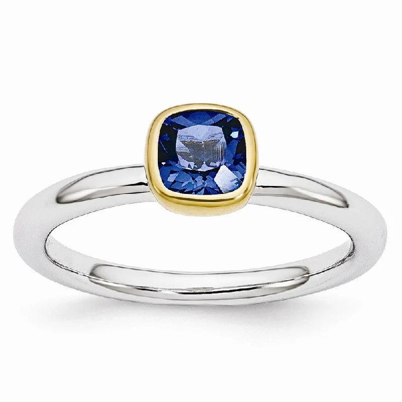 Ladies ring geometric shapes-Two Tone Sterling Silver Stackable 5mm Cushion Created Sapphire Ring