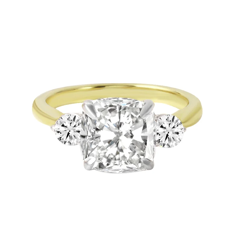 Ladies engagement rings three-stone-Three Stone Cushion and Round Cut Diamond Engagement Ring