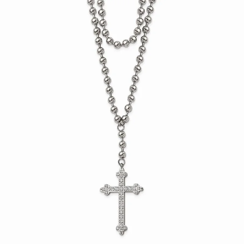 Ladies necklaces silver finish-Stainless Steel Polished Cross w/Crystal Two Bead Chain Necklace