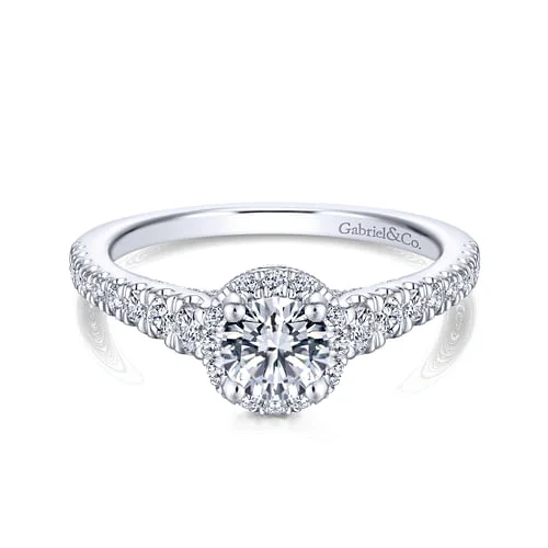 Ladies engagement rings online shops-14K White Gold Round Halo Complete Diamond Engagement Ring