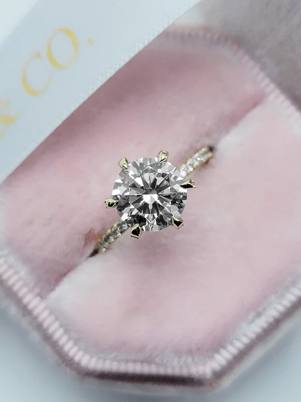 Ladies engagement rings dainty looks-2.52 Carats Lab Grown Round Brilliant Cut Micropave Side Stones Accented Prongs Diamond Engagement Ring in Yellow Gold