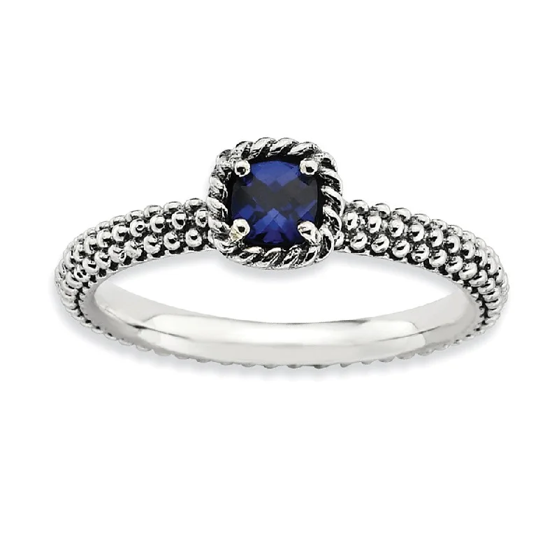 Ladies ring budget-friendly-Antiqued Sterling Silver Stackable Created Sapphire Ring