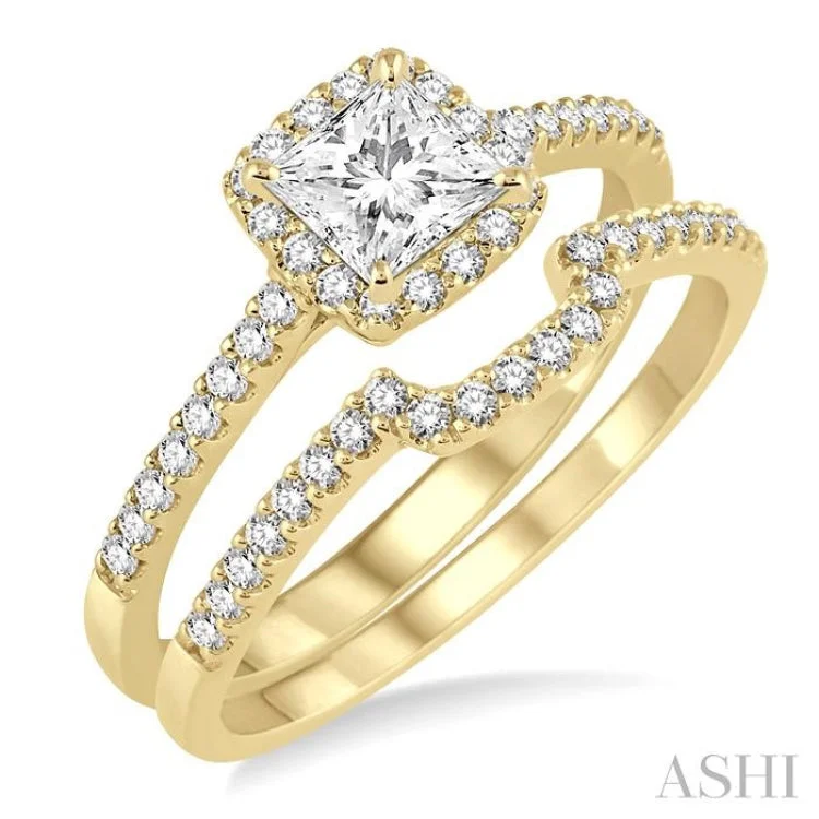 Ladies engagement rings three-stone-5/8 Ctw Diamond Wedding Set with 1/2 Ctw Princess Cut Engagement Ring and 1/6 Ctw Wedding Band in 14K Yellow Gold