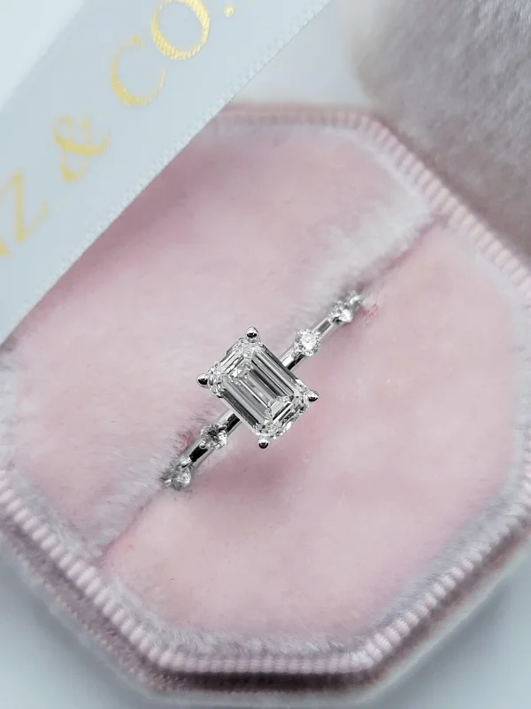 Ladies engagement rings vintage-inspired-1.16 Carats Lab Grown Emerald Cut Spaced Side Stones Diamond Engagement Ring