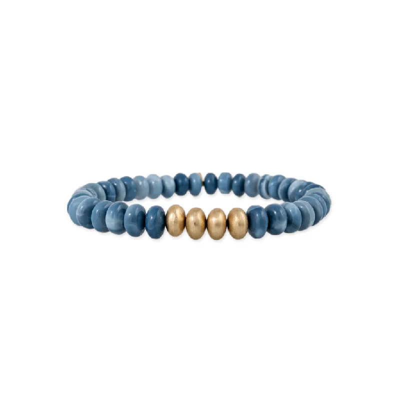 Ladies bracelets bangle style-4 SATIN GOLD BEADS + BLUE OPAL BEADED STRETCH BRACELET