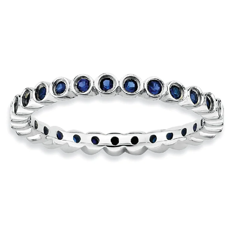 Ladies ring star motif-Sterling Silver Stackable Bezel Set Created Sapphire 2.25mm Band