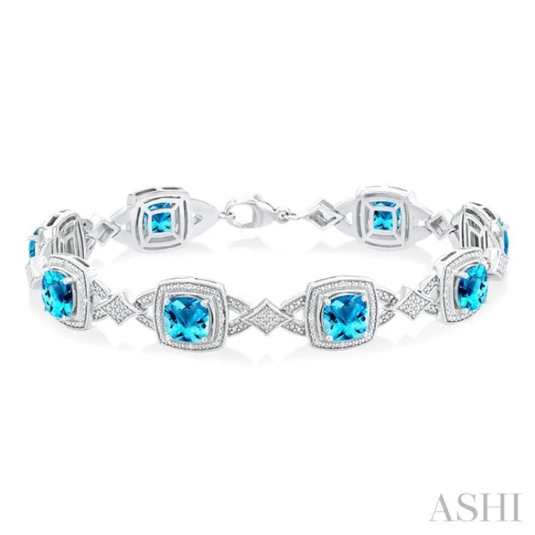 Ladies bracelets ethnic patterns-1/10 ctw Cushion Cut 7X7MM Blue Topaz and Round Cut Diamond Semi Precious Bracelet in Sterling Silver