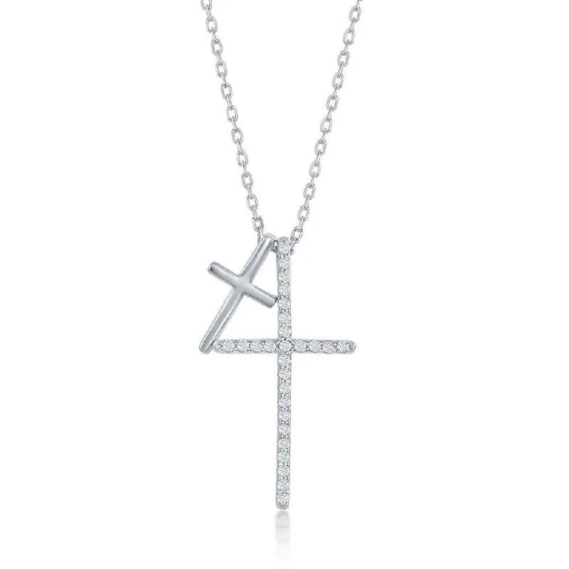 Ladies necklaces boho chic-Sterling Silver Double Cross Cubic Zirconia Necklace