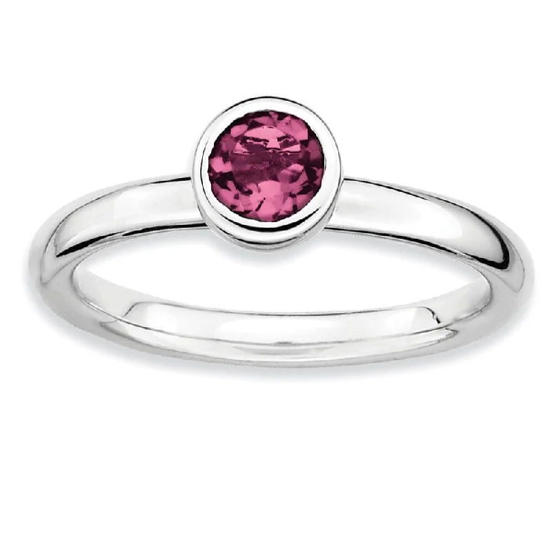 Ladies ring ethnic style-Stackable Low Profile 5mm Pink Tourmaline Silver Ring