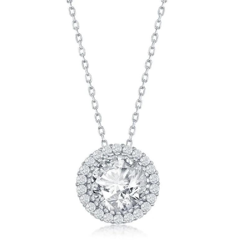 Ladies necklaces cute styles-Sterling Silver 12mm Round Halo Cubic Zirconia Necklace