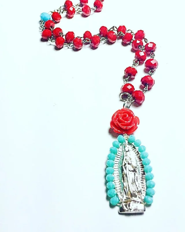 Ladies necklaces everyday use-Virgen de Guadalupe Crystal Rosary Necklace