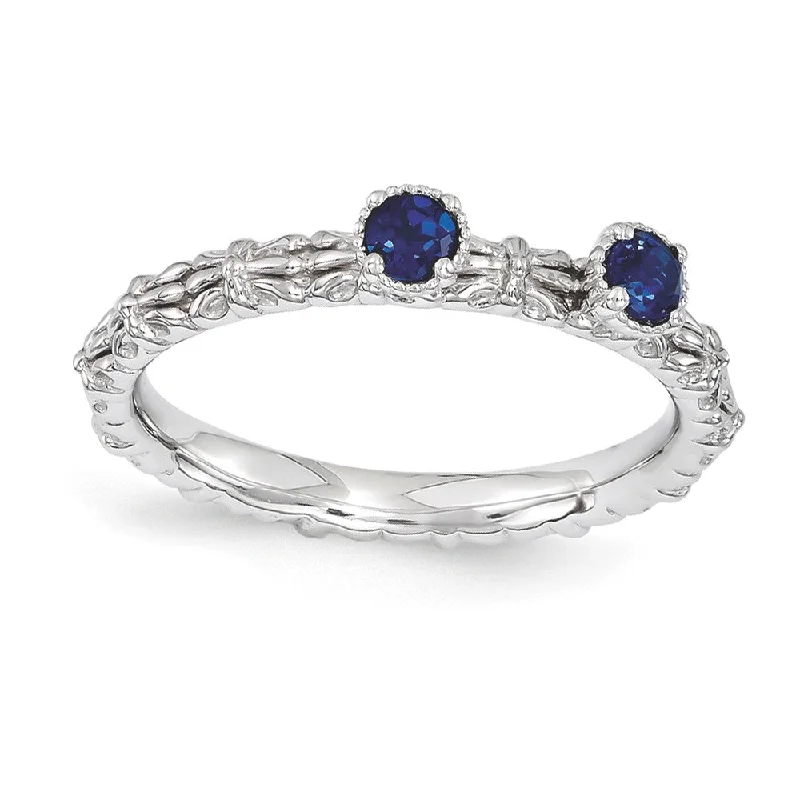 Ladies ring size guide-Sterling Silver Stackable Created Sapphire Round Two Stone Ring