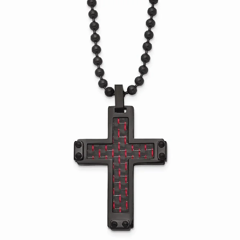 Ladies necklaces 2025 trends-Stainless Steel Polished Black IP Blk/Red Carbon Fiber Inlay Cross Necklace